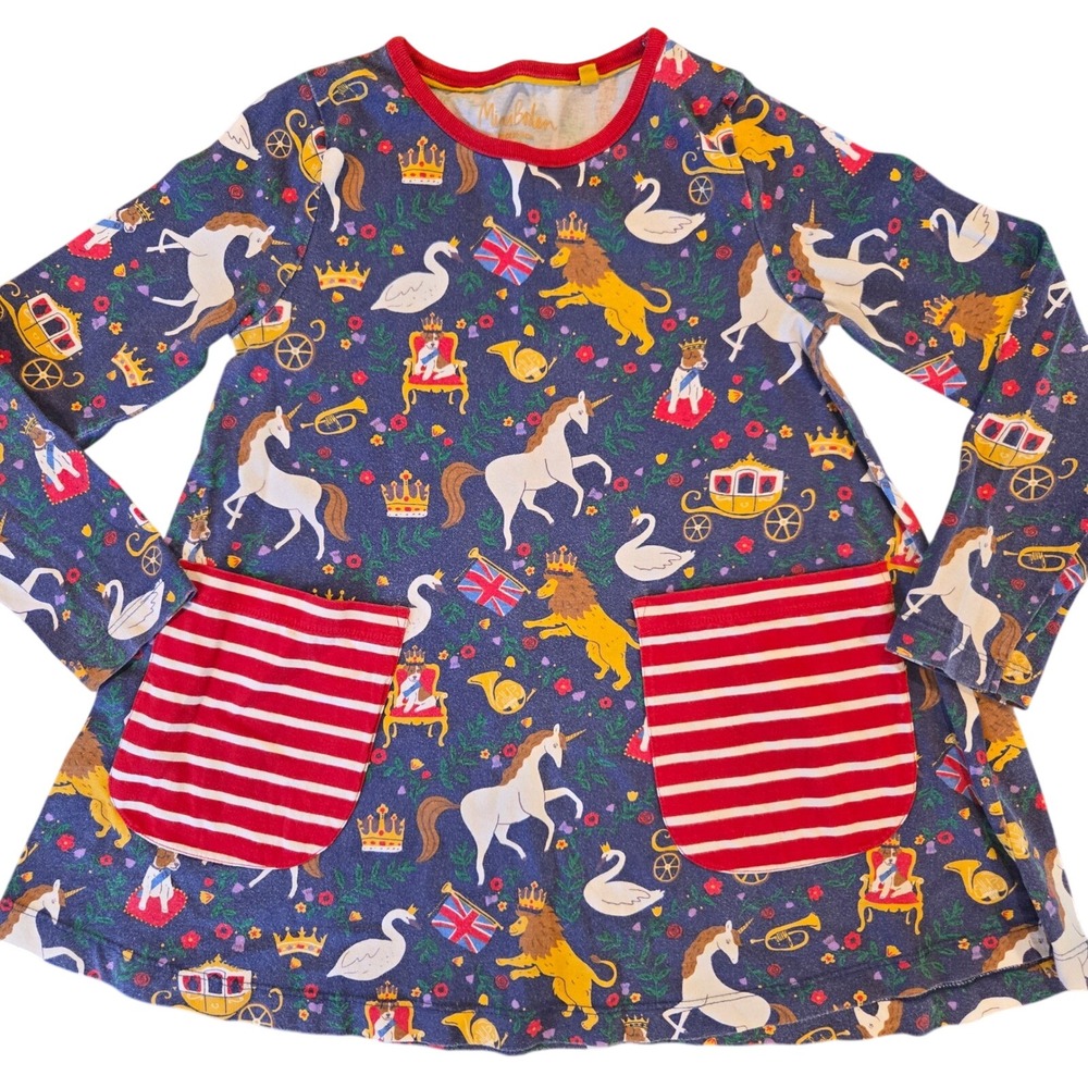 Mini Boden Girls‎ Royal Jubilee Unicorn Lion Jersey Dress Navy Blue 7-8Y 128cm